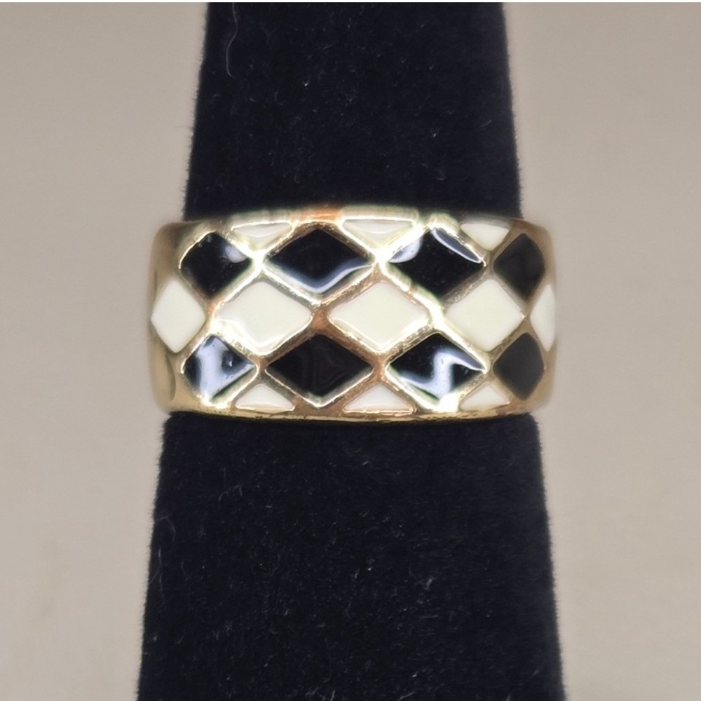 Gold Tone Enamel Harlequin Checkerboard Wide Band Statement Ring Size 6.5 0405